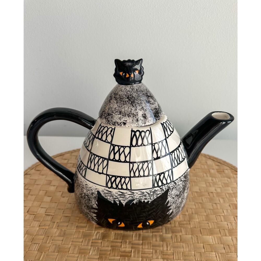 Cats by Nina Lyman black cat coffee teapot 9 in Amber eyes B&W design Complete